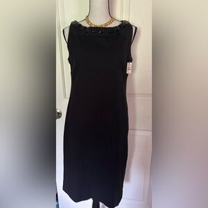 Talbots Classic Black Midi Dress Button Accents Stretchy Knit Pullover slit back